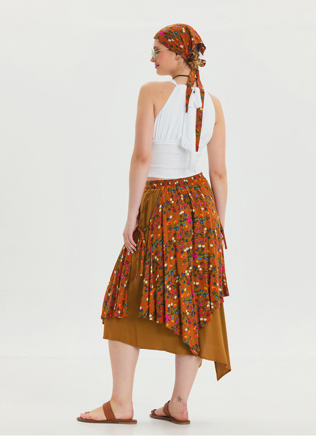 Mustard Bohemian Skirt with Elastic Waist and Tie Detail 4520